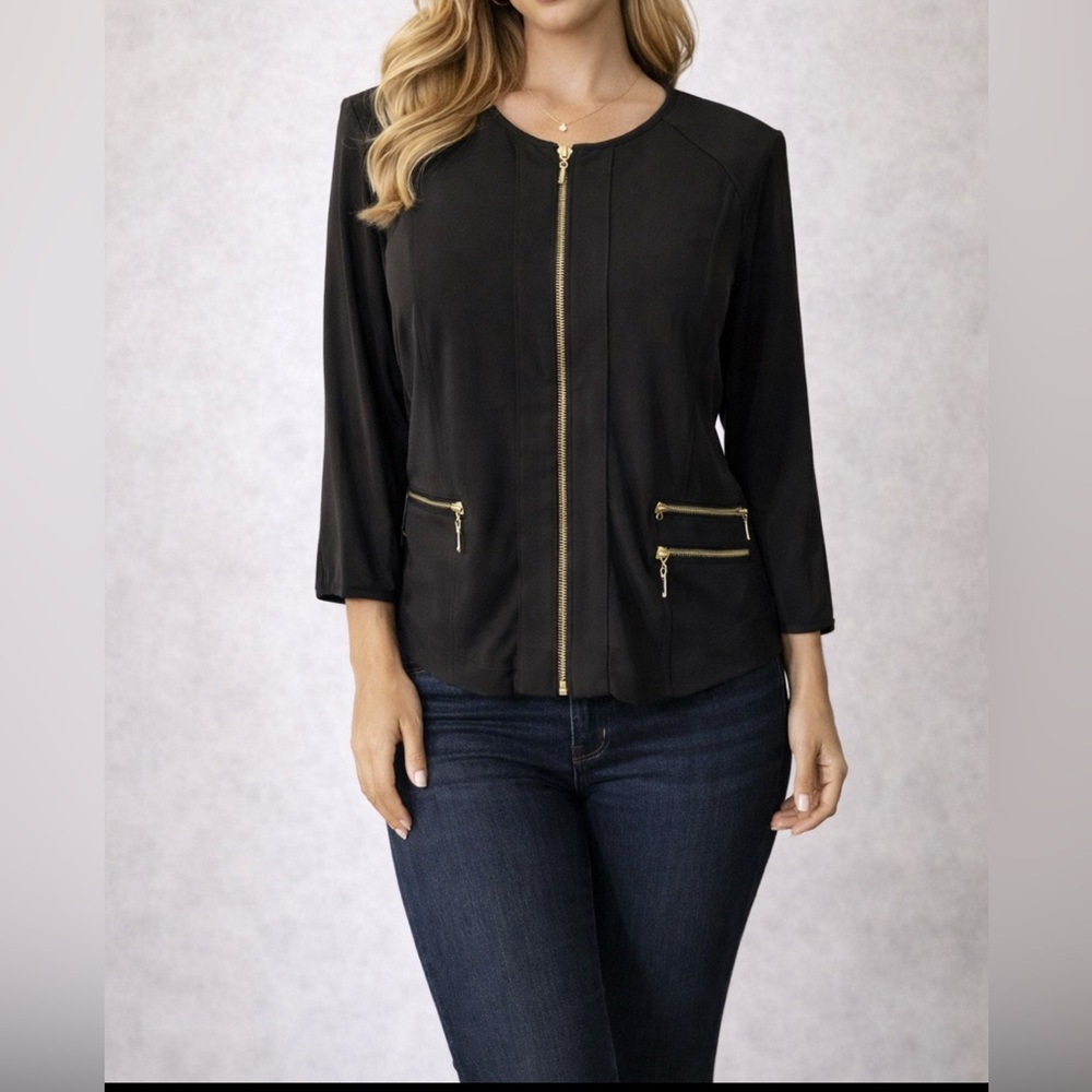 Chicos Cardigan Jacket Topper Dark Brown Gold 0 Small Hardware Zip